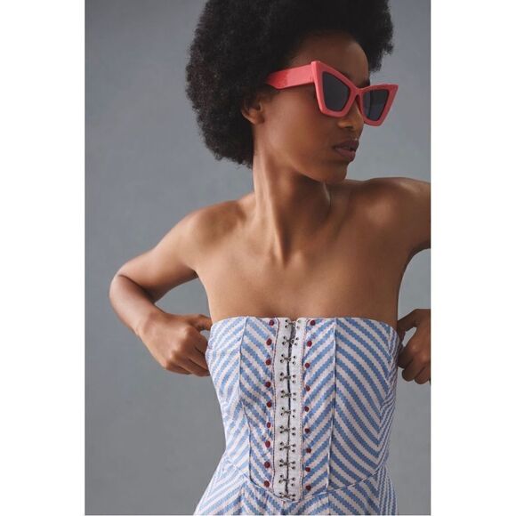 NEW Anthropologie Maeve Blue Chevron Striped Strapless A-Line Dress Medium - Picture 3 of 7